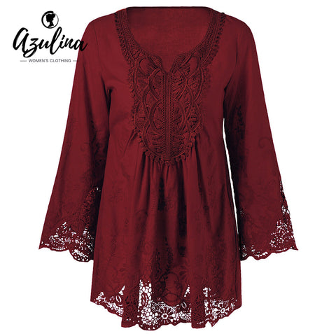 AZULINA Plus Size 5XL 4XL Women Lace Blouse Shirt Long Sleeve Loose Casual Vintage Female Red 2017 Spring Blusas Blouses Tops
