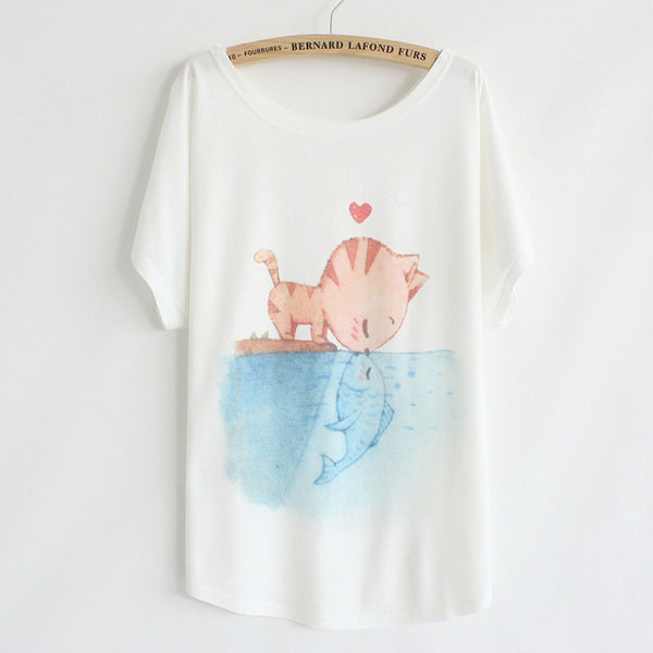 [Magic] New 2016 summer T shirt women style thin plus size loose batwing sleeve women's T-shirt  cat kiss Fish print Top Tees