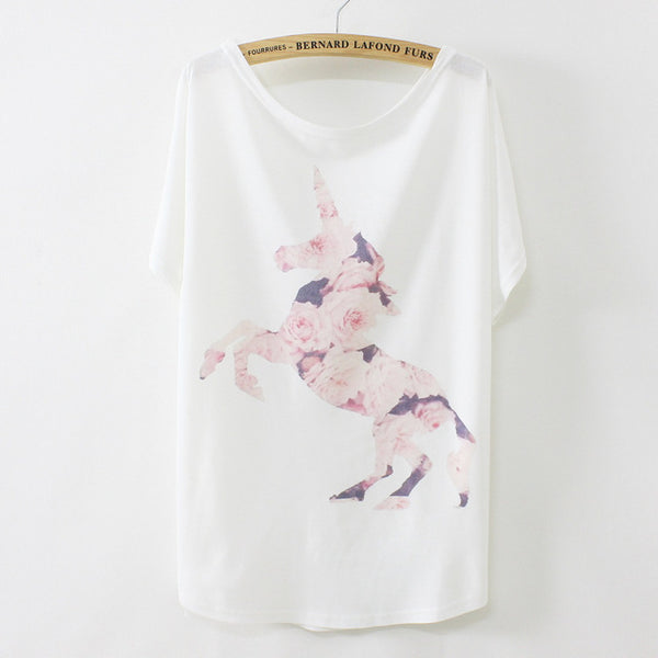 [Magic] New 2016 summer T shirt women style thin plus size loose batwing sleeve women's T-shirt  cat kiss Fish print Top Tees