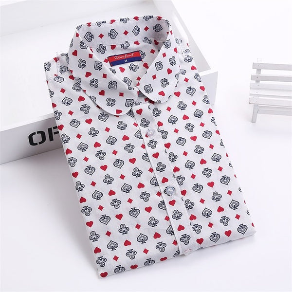 Dioufond Cotton Print Women Blouses Shirts Work Collar Office Ladies Tops Casual Cherry Long Sleeve Shirt Women Fashion Clothing