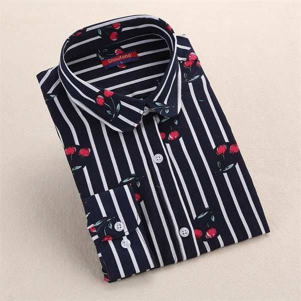 Dioufond Cotton Print Women Blouses Shirts Work Collar Office Ladies Tops Casual Cherry Long Sleeve Shirt Women Fashion Clothing