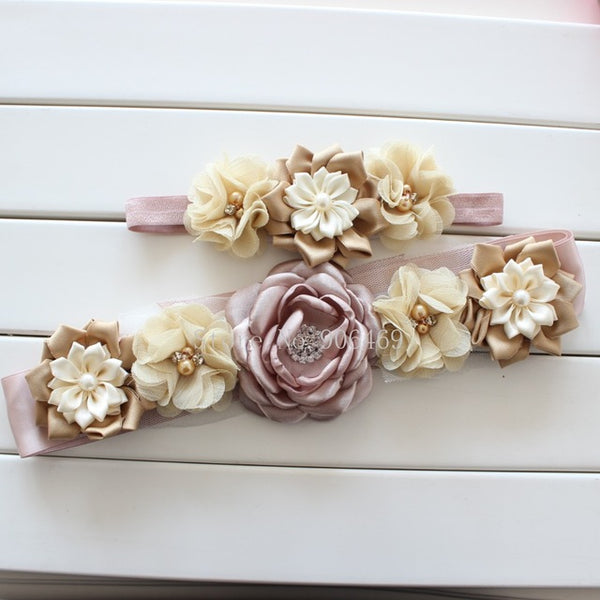 Fashion flower Belt,Girl Woman Sash Belt Wedding Sashes belt  with flower headband 1 SET