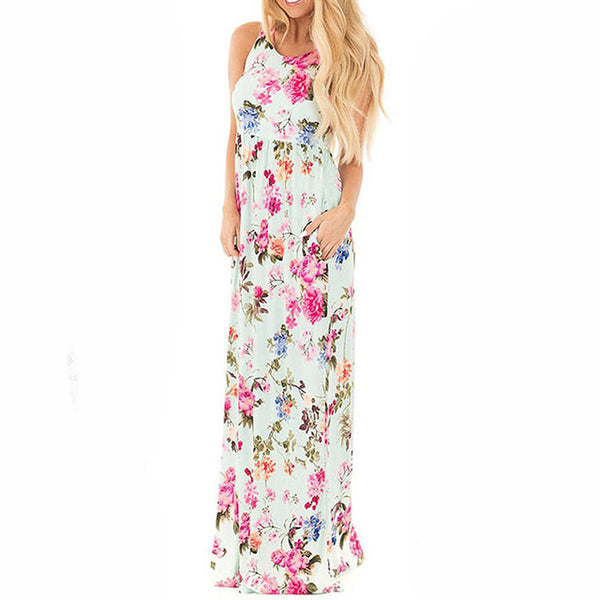 Boho Floral Printed Sundress O-neck Summer Sexy Pleated Maxi Dress 2017 Casual Beachwear Femininos Vestidos Plus Size LX328