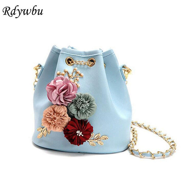 Rdywbu Handmade Flowers Bucket Bags Mini Shoulder Bags With Chain Drawstring Small Cross Body Bags Pearl Bags Leaves Decals H153