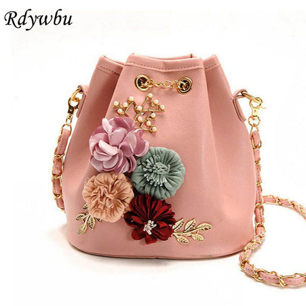 Rdywbu Handmade Flowers Bucket Bags Mini Shoulder Bags With Chain Drawstring Small Cross Body Bags Pearl Bags Leaves Decals H153