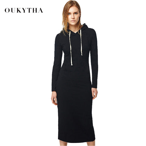 Oukytha 2017 New Autumn&Winter Casual Long A-line Ankle-length Dress Hooded Pockets Cotton Long Sleeves Lady Thick Dress M15322