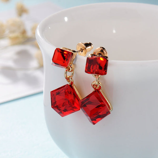 Fashion fine jewelry charm earrings with stones multicolor simple long drop cube crystal red jewelry dangle earrings Brincos