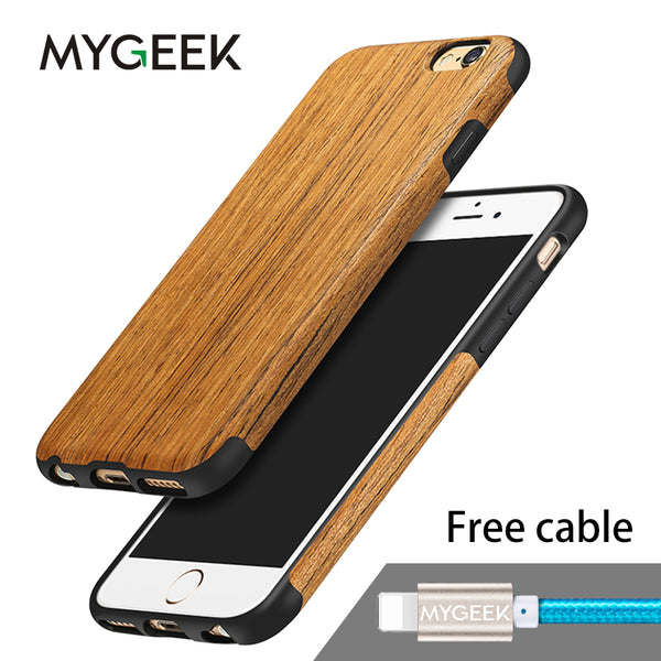 MyGeek Wood Cover Luxury Mobile Phone Case for iphone 5 5s 6 6s 7 plus phone Case with 1 pcs Cable Free