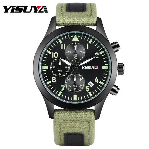 YISUYA Fashion Sport Chronograph Men's Quartz Wristwatch Canvas Band Luminous Stop Watch Display Dial Outdoor Male Watches Gift
