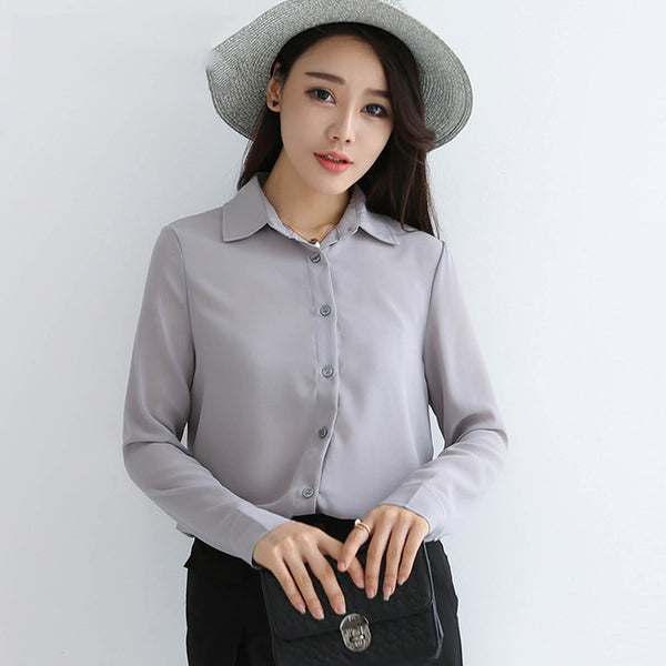 2017 spring new hot solid color lapel long sleeve shirts Plus Size shirt chiffon blouse shirt women's casual loose blouses EY8