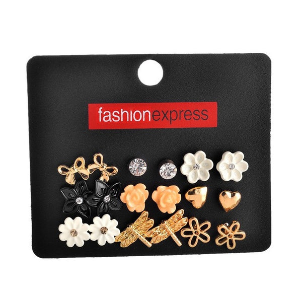 [Marte&Joven] New Style Rhinestone Stud Earring Set For Women Hot-selling Cute Flower Mixed Imitation Pearl Earring Sets 9 Pairs