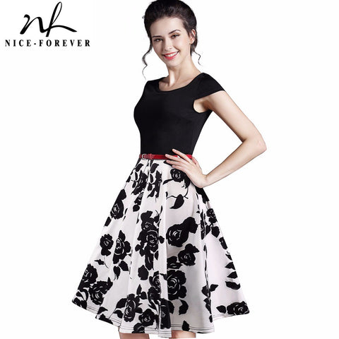 Nice-forever Summer Floral Casual Stylish Elegant Print Charming Women O Neck Sleeveless Zipper Work Office Expansion Dress A009