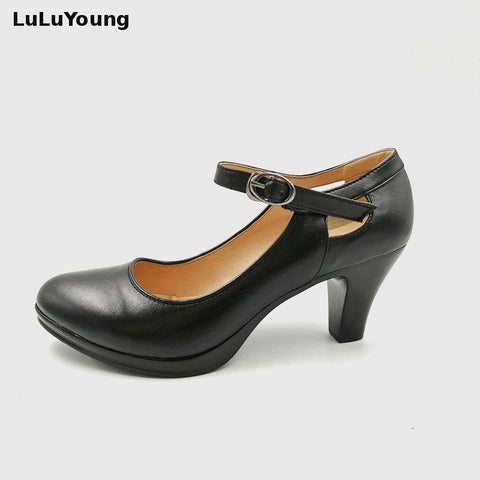 genuine leather women COMFORTABLE black heels work shoes female pumps sy-767