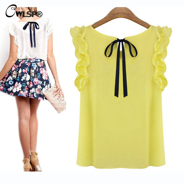 CWLSP 2017 New Fashion Women Blouse Summer O-neck pullover lacing bow chiffon shirt top Chiffon Blusas camisetas mujer