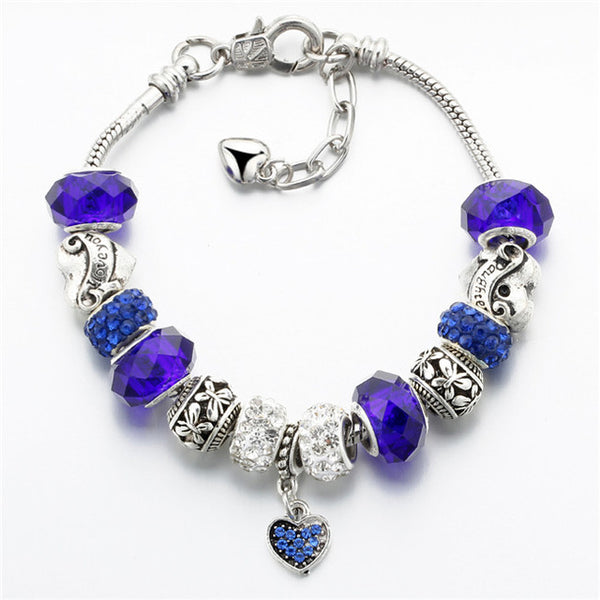 17KM Vintage Silver Color Charm Glass Bracelets For Women 2017 New Crystal Heart Beads Bracelets & Bangles Pulseras DIY Jewelry