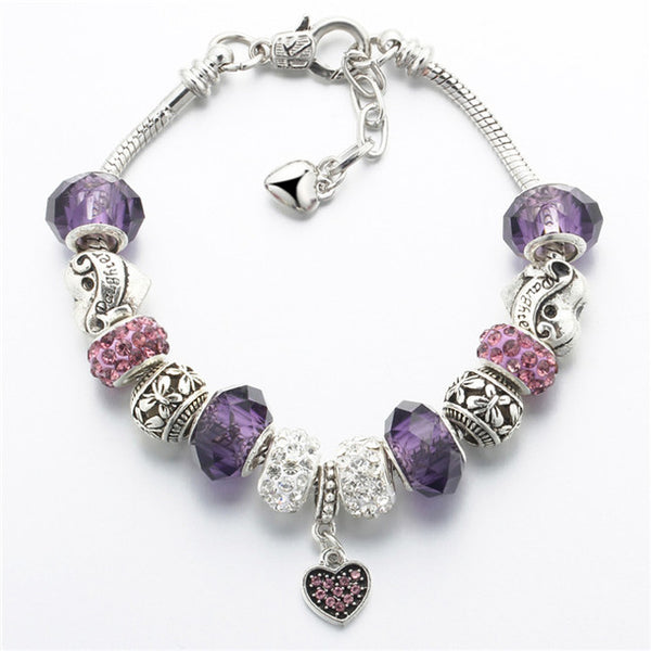 17KM Vintage Silver Color Charm Glass Bracelets For Women 2017 New Crystal Heart Beads Bracelets & Bangles Pulseras DIY Jewelry