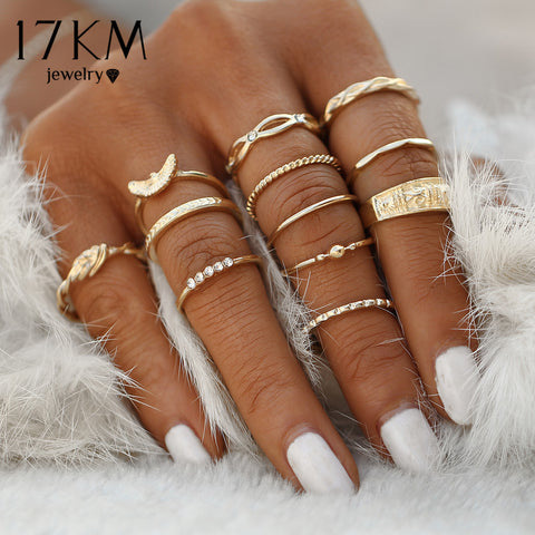 17KM 12 pc/set Charm Gold Color Midi Finger Ring Set for Women Vintage Boho Knuckle Party Rings Punk Jewelry Gift for Girl