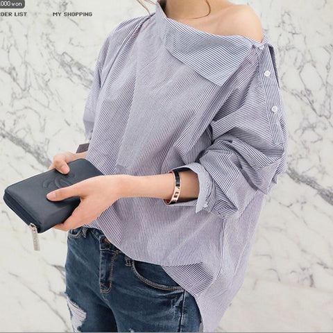 2017 New Summer Autumn Fashion Women Shirts Batwing Full Sleeve Striped Loose Oblique Collar Blouse Shirt Top Blue 1269