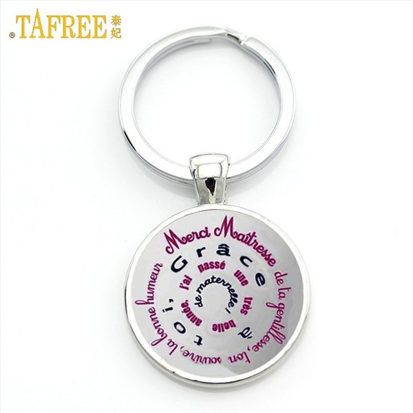 TAFREE merci maitresse key chain ring holder fashion silver color glass metal keychain for men women jewelry teachers gift CT278