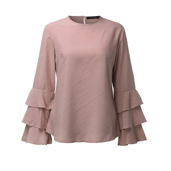 ZANZEA 6 Colors 2017 Women Blouses Shirt Elegant Ladies O Neck Long Flare Sleeve Flouncing Blusas Casual Loose Pullover Tops