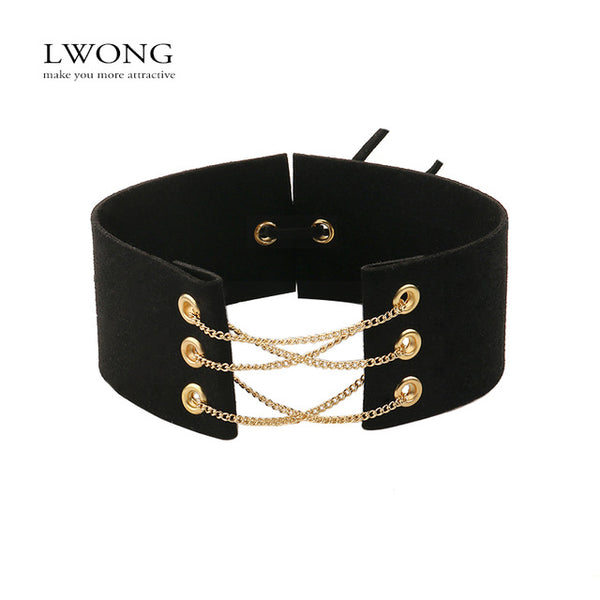 New Glamorous Black Velvet Choker With Gold Color Chains Sexy Statement Necklace Link Chain Lace Up Chokers Necklaces Chocker