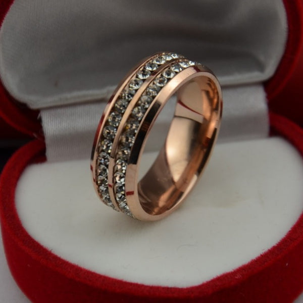 Womens Mens Fashion Double Rows Rhinestones Titanium Steel Wedding Engagement Charm Rings