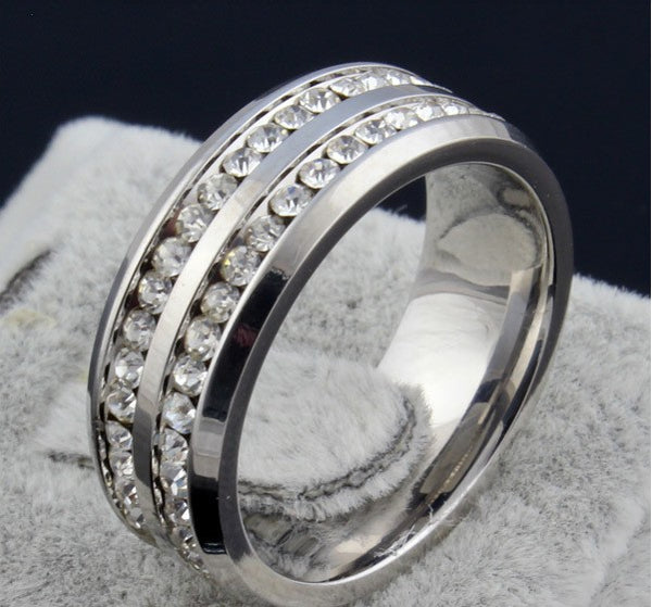 Womens Mens Fashion Double Rows Rhinestones Titanium Steel Wedding Engagement Charm Rings