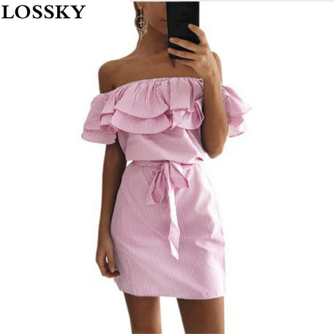 4 colour 2017 Summer Fashion Women's New Striped Dresses Sexy Ruffle Dress Casual Style Comfortable Pretty Canonicals with belt