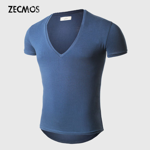21 Colors Deep V Neck T-Shirt Men Fashion Compression Short Sleeve T Shirt Male Muscle Fitness Tight Summer Top Tees