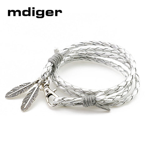 Mdiger Fashion Jewelry PU Leather Bracelets Charm Gift Bangles Multilayer Feather Bracelet Accessories Wedding Men Jewelry