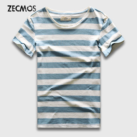 Zecmos New Men Stripe T-Shirt Fashion O Neck Short Sleeved Slim Fit Blue Striped T Shirt Man