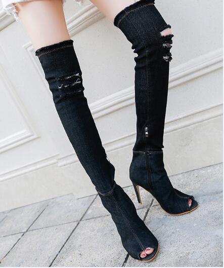 2017 Hot Women Boots summer autumn peep toe Over The Knee Boots quality High elastic jeans fashion boots high heels plus size