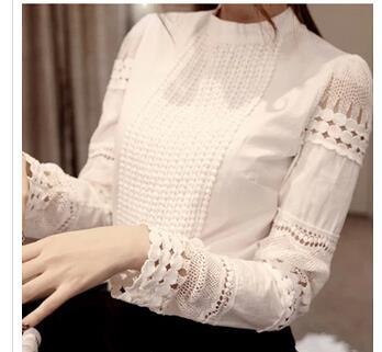 S-5XL Autumn Women's Shirts White Long-sleeved Blouses Slim Basic Tops Plus Size Hollow Lace Shirts Female High Quality J2531