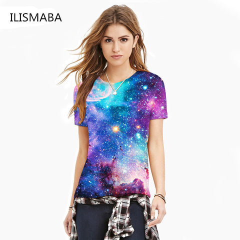 ILISMABA ladies fashion T-shirt blue sky digital print 3D high-definition three-dimensional pattern short-sleeved women's shirt