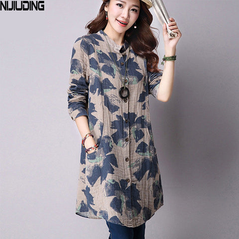 NIJIUDING Spring New Fashion Floral Print Cotton Linen Blouses Casual Long Sleeve Shirt Women  Top With Pockets