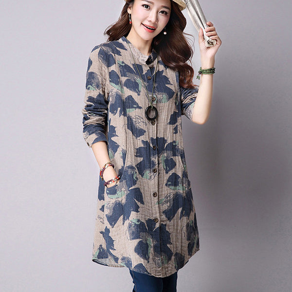 NIJIUDING Spring New Fashion Floral Print Cotton Linen Blouses Casual Long Sleeve Shirt Women  Top With Pockets