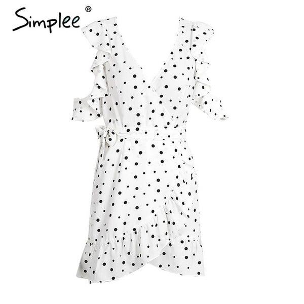 Simplee Ruffle cold shoulder polkadot print summer dress Vintage irregular bow wrap short dress Women chic chiffon white dress