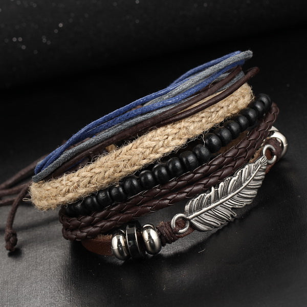 1Set Multilayer Leather Bracelet Men Jewelry Punk Rock Wood Bead Bracelets For Men Love Vintage Bracelets & Bangles Gift Retro