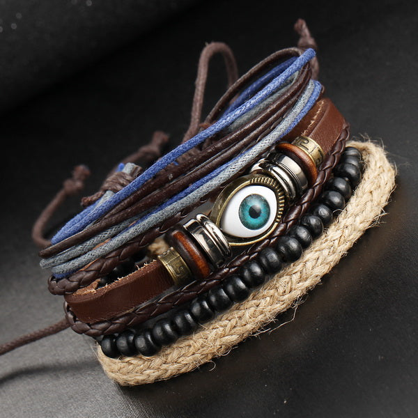 1Set Multilayer Leather Bracelet Men Jewelry Punk Rock Wood Bead Bracelets For Men Love Vintage Bracelets & Bangles Gift Retro