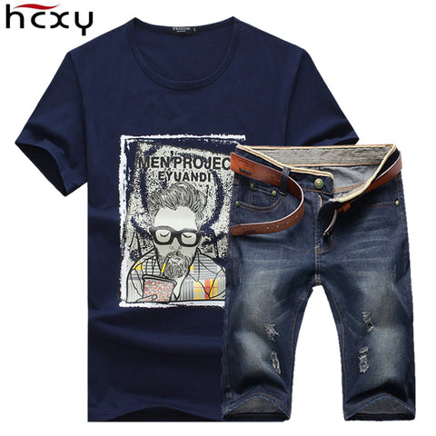 2017 New summer Denim shorts Brand Clothing  Tees and shorts Men (Tees Tops + shorts) Homme Sportswear 2 pieces Set Male shorts