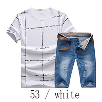 2017 New summer Denim shorts Brand Clothing  Tees and shorts Men (Tees Tops + shorts) Homme Sportswear 2 pieces Set Male shorts