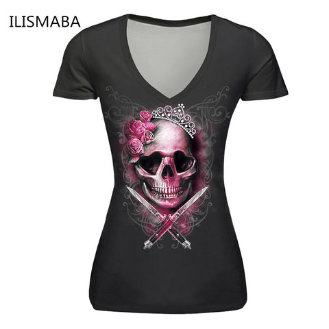 ILISMABA 2017 summer fashion new women's V-neck short sleeve brand T-shirt skull red lips 3D digital printing women's T-shirt