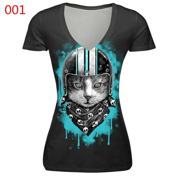 ILISMABA 2017 summer fashion new women's V-neck short sleeve brand T-shirt skull red lips 3D digital printing women's T-shirt