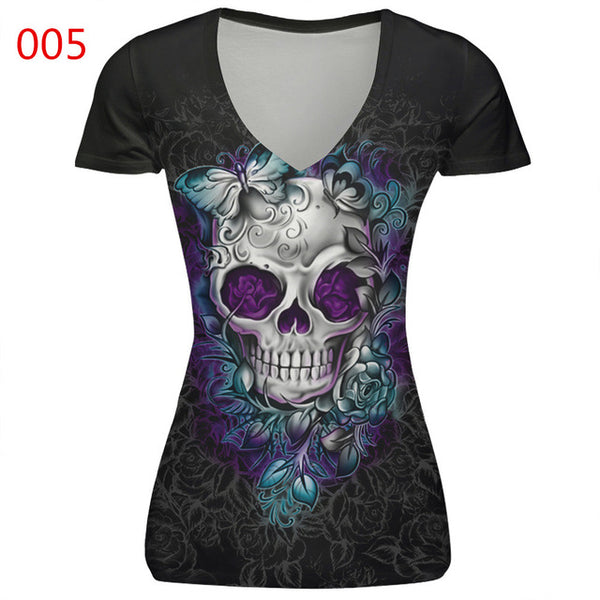 ILISMABA 2017 summer fashion new women's V-neck short sleeve brand T-shirt skull red lips 3D digital printing women's T-shirt