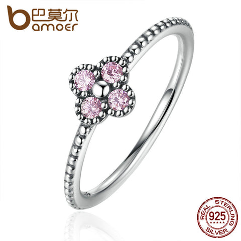 BAMOER 2 Color 100% 925 Sterling Silver Pink & White Clear CZ Romantic Clover Ring Women Fashion Jewelry PA7197