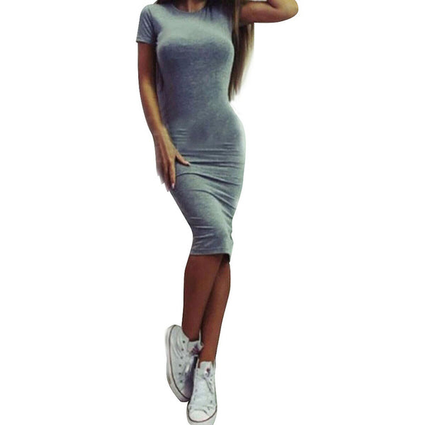 Women Summer Casual Dress Elegant Ladies Sexy Solid Color Tight Short Sleeve Round Neck Office Work Dresses Female Vestidos