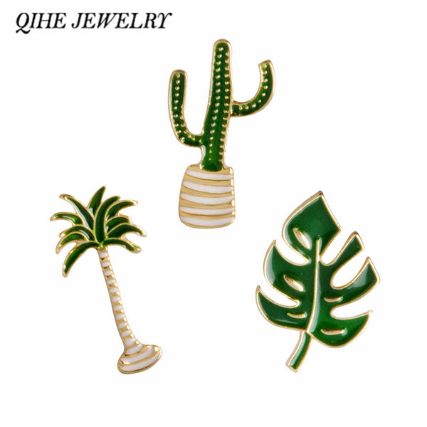 QIHE JEWELRY Cactus Palm Leaves Plant Tree Natural Lapel Pin Enamel Brooch Collar Pins Cactus Gift Cactus Jewelry