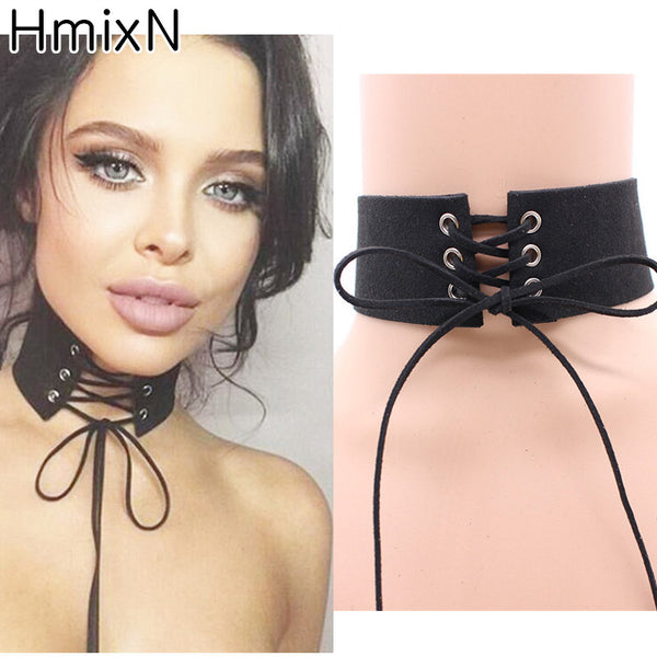 New rock Black leather big Velvet Choker Necklace Gothic Burlesque sexy hiphop shoelace style Statement Jewelry for women Chunky