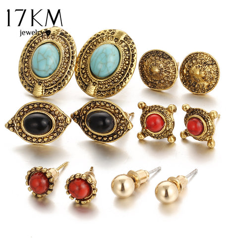 17KM 2017 New Fashion Vintage Punk Accessories Big Blue Stone Flower Earrings For Women Bijoux Brincos Pendientes 6 pairs/ set