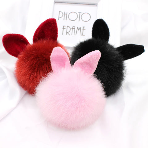 Cute big bunny Rabbit Ears Fur pompom Keychain Fluffy faux leather Ball handBag Pendant Artificial Pom pom key chain porte clef